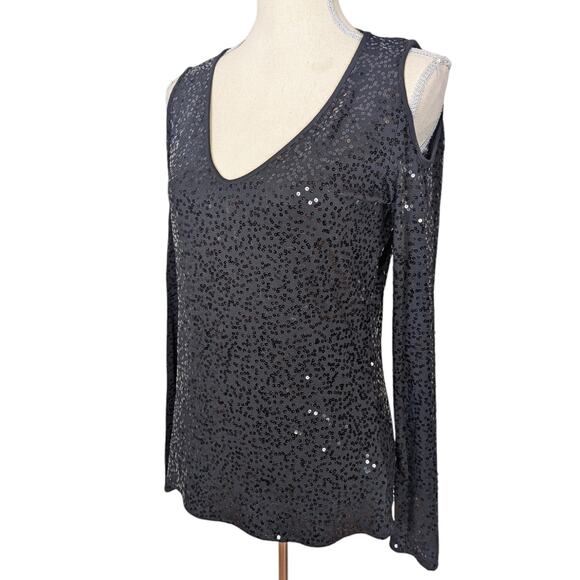 Y2K Cache V Neck Sequin Cold Shoulder Long Sleeve Top Black Size Large - Picture 1 of 11